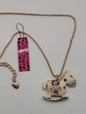 Betsey Johnson Whimsical Gold Rocking Horse Pendant Necklace - Cream 28" Chain